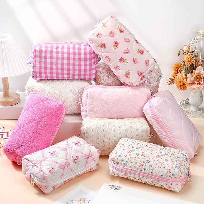 Paterr 10 Pcs Quilted Makeup Bag Bulk Cotton Floral Cosmetic Bag Women Girls Bridesmaid Gifts Cute Makeup Pouch Coquette Aesthetic Travel Toiletry Organizer(Pink Floral,7.87 x 4.72 x 3.15 Inches)