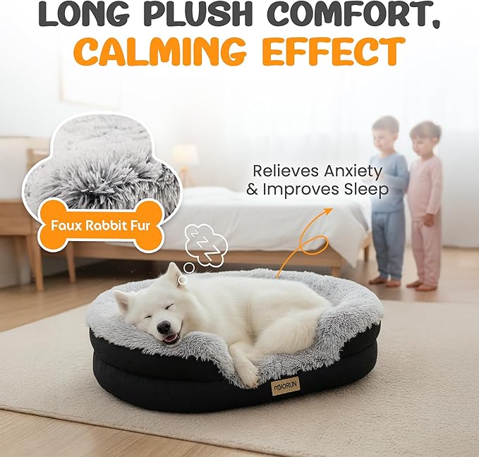 Miorun Fluffy Orthopedic Dog Bed for Large & Extra Large Dogs, Calming Plush Sofa Bed with Curved Bolster Support and Egg-Crate Foam Base, 43" Cozy Oval Pet Donut Bed with Washable Cover, Gray