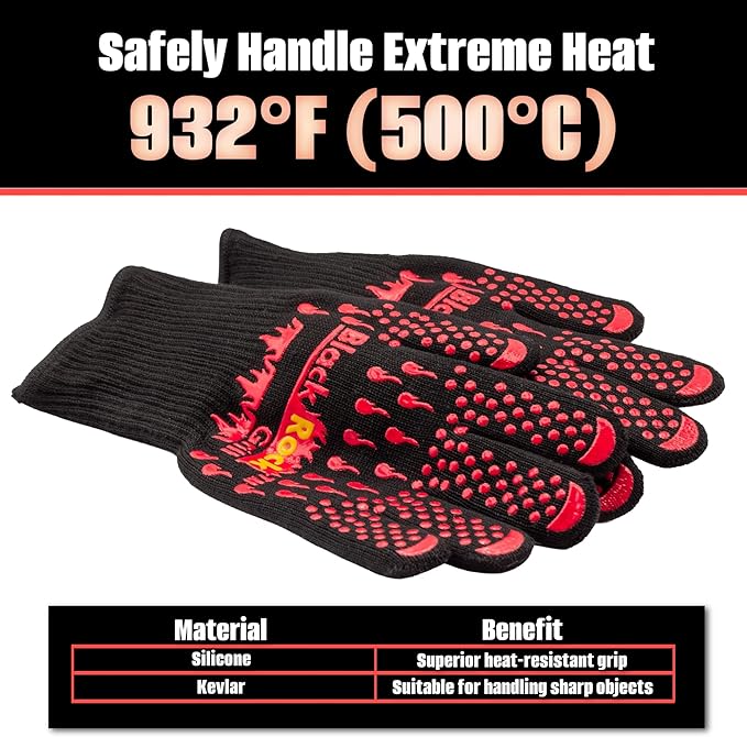 Black Rock Grill Fire & Heat Resistant Cooking Gloves 923F -28cm Silicone Safety Oven Mitts with Fingers- Gloves for Grilling, BBQ, Fireplace, Lava Stones, EN407,EN388, EN ISO 21420 Certified (Medium)