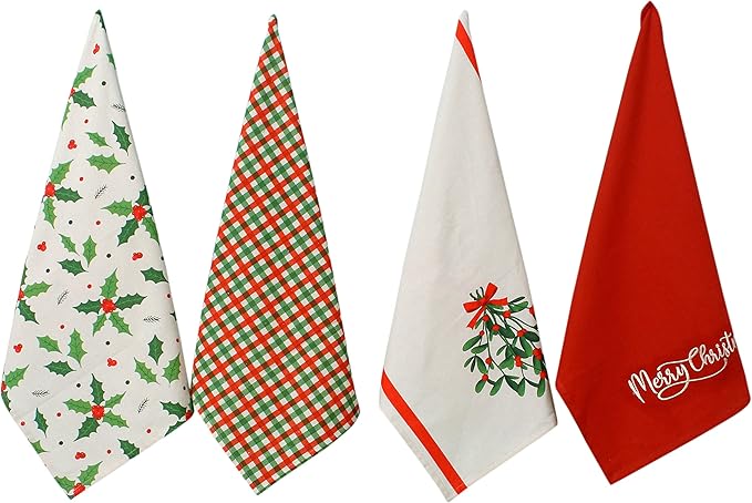 ACCENTHOME Christmas Kitchen Towels - Set of 4 Absorbent Cotton Dish Towels | Merry Christmas Printed Kitchen Linen Tea Towels & Drying Dishes - 20x28 inch