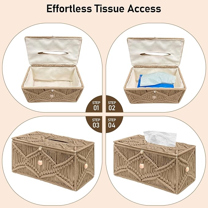 KaloKalo Handmade Tissue Box Cover Rectangle Decorative Macrame Boho Tissue Holder Cotton Rope Woven Napkin Facial Paper Organizer Bohemian Desk Storage Container with Buckle Wood Beads (Khaki)