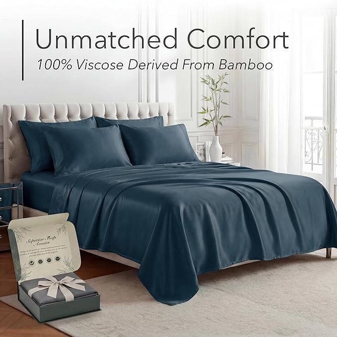 DECOLURE 100% Viscose Derived from Bamboo Sheets Full Size - Luxury 6 Pc Naturally Cooling Sheets, Ultra Soft Bed Set - Deep 17" Pockets, Durable Double Stitching, Oeko Tex Standard (Navy Blue)
