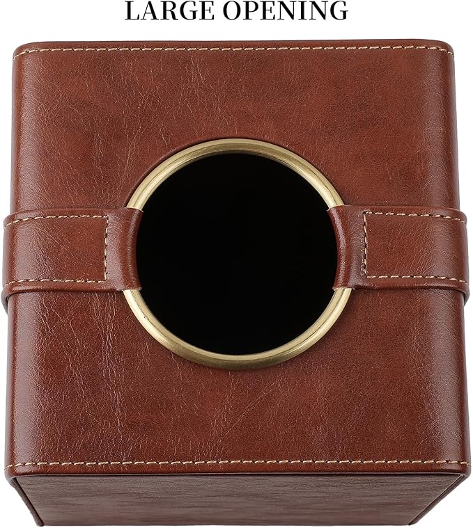 Cretkhp Luxury Square Tissue Box Cover, PU Leather Tissue Box Holder with Magnetic Closure and Gold Decorative Grommets for Bathroom Bedroom, Decorative Elegant Cube Tissue Holder (Brown)