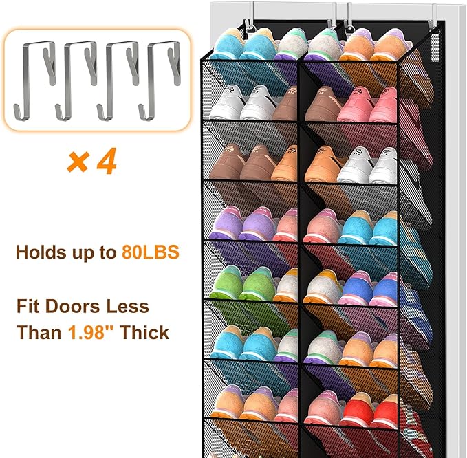 UVIAHOMI 30 Pairs Over the Door Shoe Organizer, Breathable Mesh Pocket Hanging Shoe Storage for Closet, 10-Tier Door Shoes Rack, Handing Shoes Holder Fit All the Family's Sneakers, Boots, Heels, Black