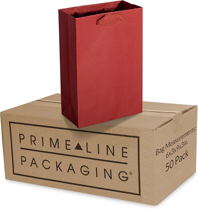 Prime Line Packaging Red Gift Bags with Handles, Mini Kraft Paper Goodie Bags for Christmas, Holiday, Treats, Wrapping, Shopping, Party Favors, Bulk, 6x3x9, 50 Pack