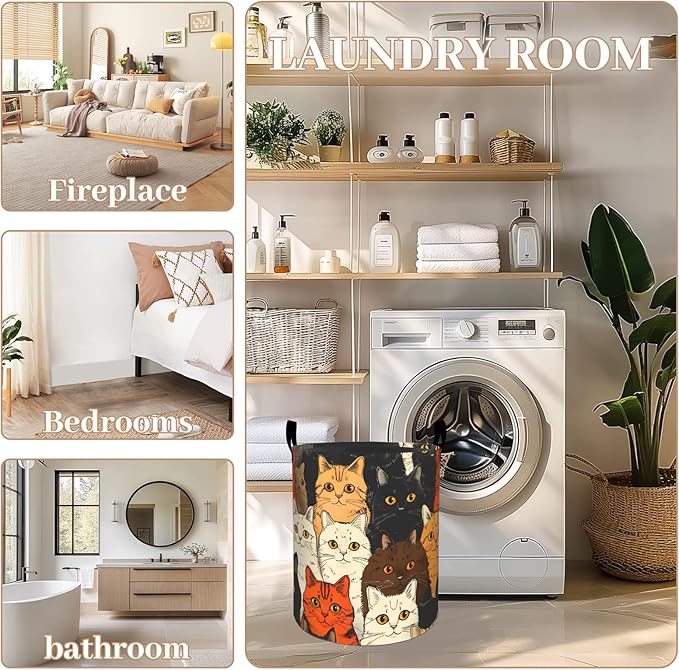 ainori Playful Cat Laundry Basket, Oxford Cloth Cute Whimsical Feline Dirty Clothes Collapsible Hamper for Room Decor, Kitten Print Gifts Toy Organizer 19.7 * 15.8 Inch for Bedroom Bathroom Dorm