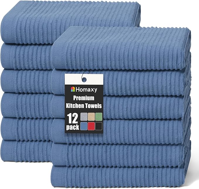 Homaxy Premium Kitchen Towels (18"x 28", 12 Pack), Large 100% Cotton Kitchen Hand Towels, Ultra Absorbent Ribbed Terry Tea Towels Set with Hanging Loop, Navy Blue