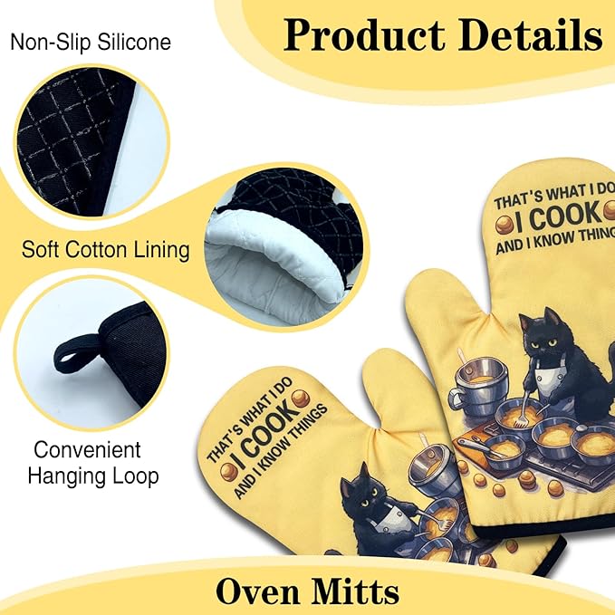 2 Pack Funny Baking Cat Oven Mitts, That's What I Do I Cook and I Know Things, Heat Resistant Kitchen Mitts, Cat Lovers Gifts, Christmas Birthday Gifts for Women Mom Wife Sister Bake Lover