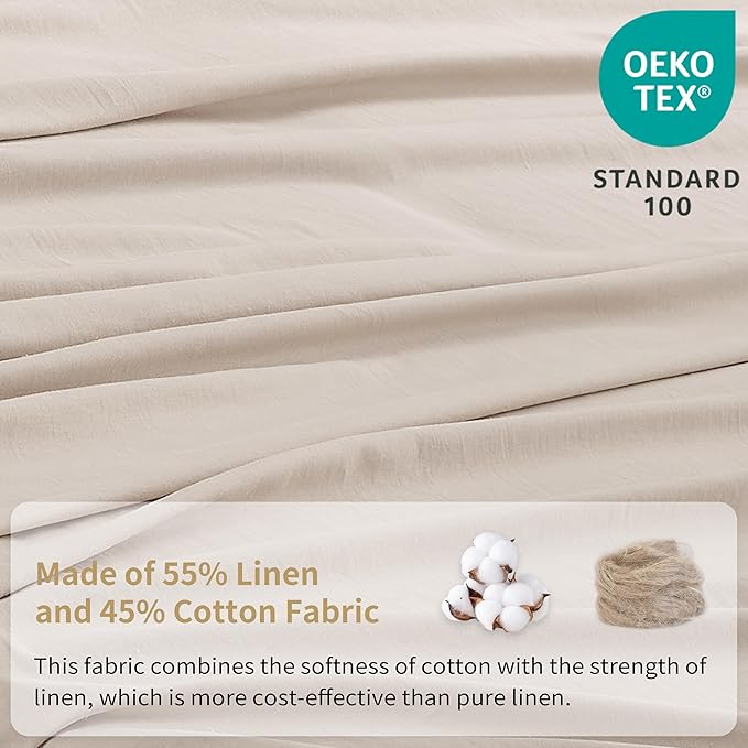 Simple&Opulence Belgian Linen Sheet Set Solid Color - 5 Pieces (1 Flat Sheet, 2 Fitted Sheets & 2 Pillowcases) Natural Flax Cotton Blend Soft Breathable Farmhouse Bedding - Split King Size, Linen