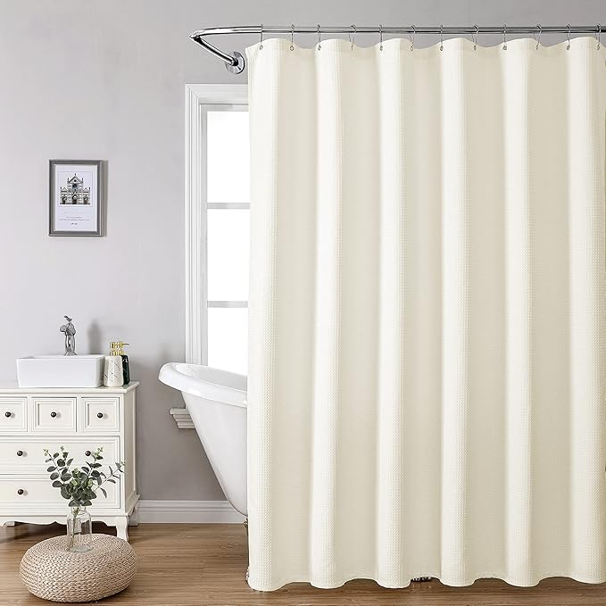 MISS SELECTEX Machine Washable Cloth Shower Curtain, Matt Waffle Durable Thick Cloth Shower Curtain for Bathroom,Premium Water Repellent Fabric Luxury Spa Hotel Shower Curtain(72Wx84H,Ecru/Beige)