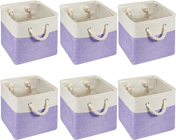 Geiserailie 6 Pcs 11 x 11 Inch Cube Storage Bins Fabric Storage Organizer Bins Foldable Cube Baskets with Sturdy Carry Handles Wicker Baskets for Home (White,Purple)