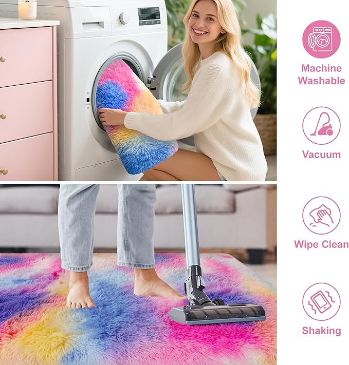 2x3 ft Small Throw Rugs Furry, Non Slip Mini Area Rug, Fluffy Tie-Dyed Rainbow Carpet,for Bedroom Door Entryway Indoor Inside Front Entrance Dog Mat, Home Decor Aesthetic, Nursery