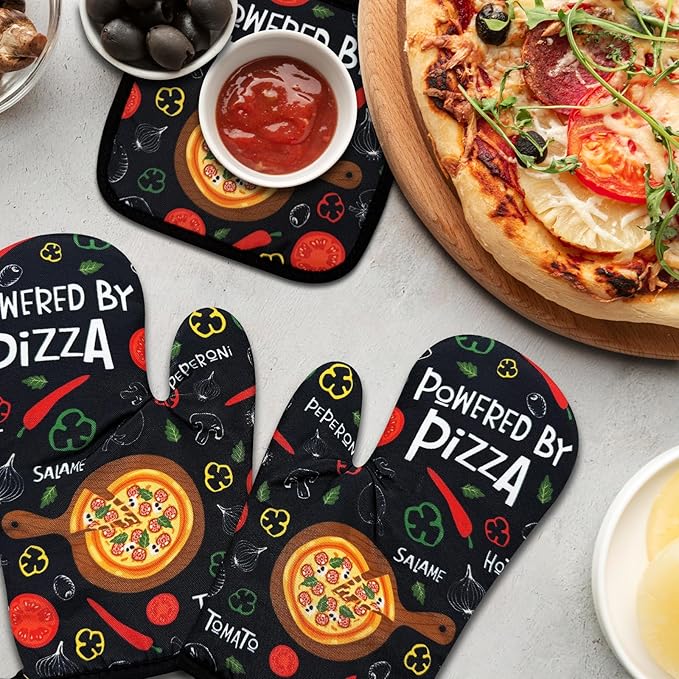 Funny Oven Mitts and Pot Holders Set of 3, Powered by Pizza, Heat Resistant Non-Slip Kitchen Mitts Hot Pads, Pizza Lover Gifts, Christmas Baking Gifts for Women Hostess Mom Wife Chef Baker