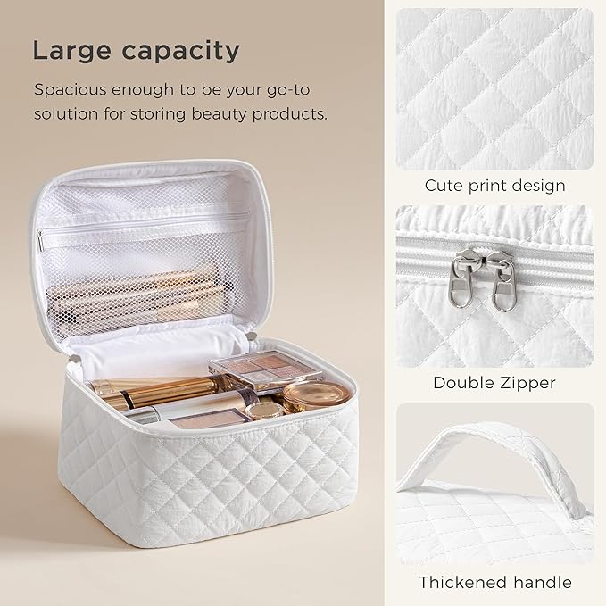 HBselect Christmas Gifts Large Quilted Makeup Bag, Cute Cotton Travel Makeup Bag with Handle, Portable Coquette Floral Make up Bags, Toiletry Organizer Make up Bags for Women Teen Girls Mom