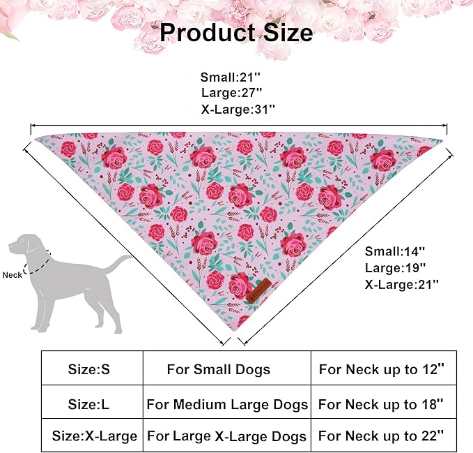 ADOGGYGO Floral Dog Bandana, Red Yellow Rose Pet Scarf, Adjustable Fit Flower Bandanas for Small Dogs Pets (Small)