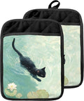Black Cat Swimming in Waterlilies Pot Holders with Pockets, Cat Kitchen Decor, Whimsical Funny Black Kitten Oven Pot Holders Heat Resistant Oven Mitts Hot Pads for Kitchen Baking Cooking