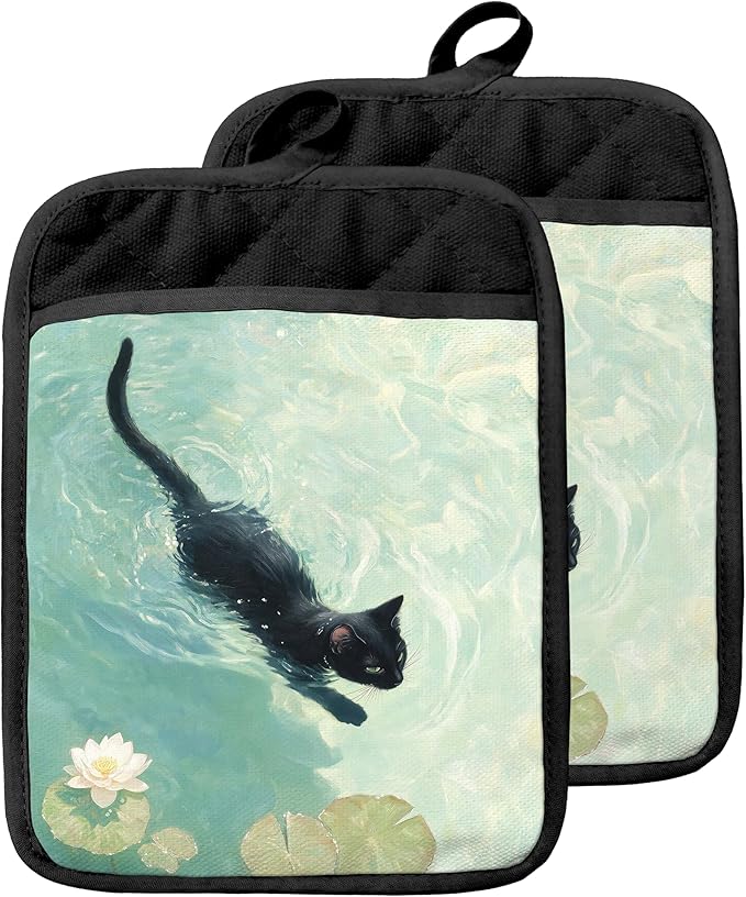 Black Cat Swimming in Waterlilies Pot Holders with Pockets, Cat Kitchen Decor, Whimsical Funny Black Kitten Oven Pot Holders Heat Resistant Oven Mitts Hot Pads for Kitchen Baking Cooking