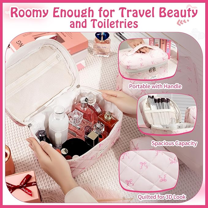 Cozomga Quilted Makeup Bag, Large Capacity Travel Cosmetic Bag for Women and Girls, Aesthetic Storage for Daily and Travel Use (3PCS-Pink SlimBow)