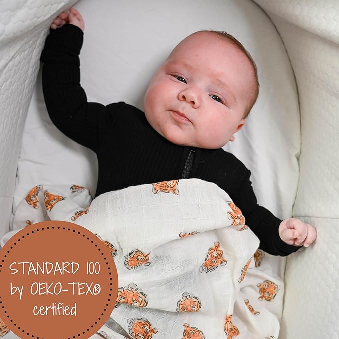LollyBanks 100% Cotton Muslin Swaddle Blanket, Large 47 x 47 Inches, Tiger Theme, Orange, Modern Animal Print, Breathable and Lightweight, Baby Care, 1 Count