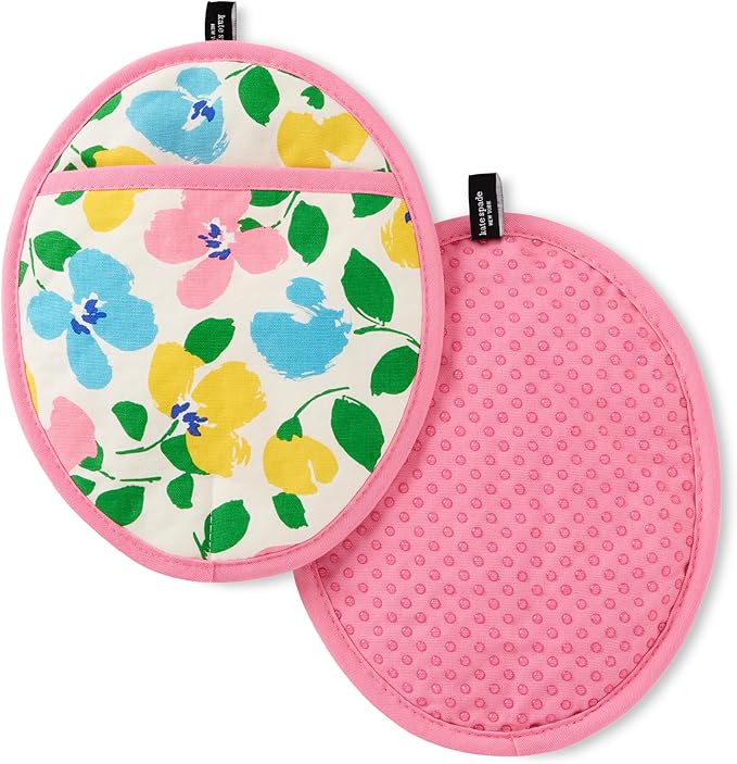 Kate Spade New York Painterly Bouquet Pot Holder 2-Pack Set, Heat Resistant, 100% Cotton with Printed Non-Slip Silicone Grip, Pink/Green/Blue, 8"X10"