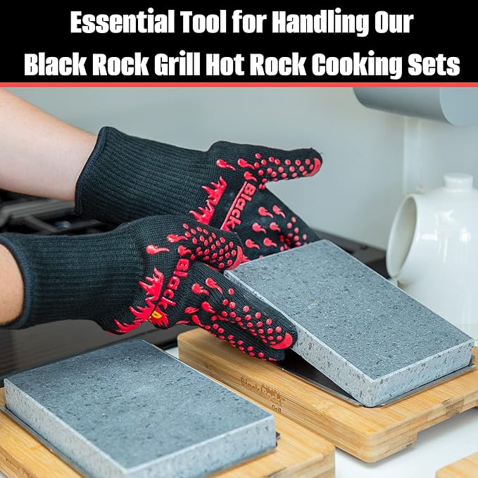 Black Rock Grill Fire & Heat Resistant Cooking Gloves 923F -28cm Silicone Safety Oven Mitts with Fingers- Gloves for Grilling, BBQ, Fireplace, Lava Stones, EN407,EN388, EN ISO 21420 Certified (Medium)