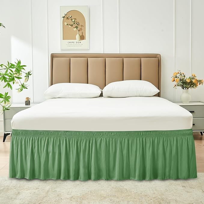 Biscaynebay Wrap Around Bed Skirts for Queen Beds 15" Drop, Sage Adjustable Elastic Dust Ruffles Easy Fit Wrinkle & Fade Resistant Silky Luxurious Fabric Machine Washable