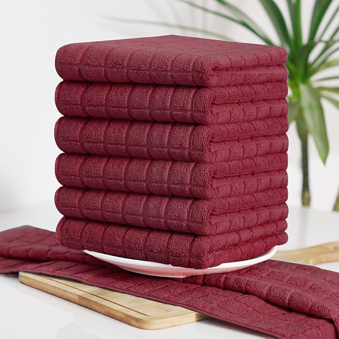 Homaxy Premium Cotton Kitchen Towels 16"x 28", Large Natural Ring Spun 390 GSM Dish Towels, Super Absorbent Terry Kitchen Hand Towels, Soft Tea Towels with Hanging Loop, Pure Red Design,8 Pack
