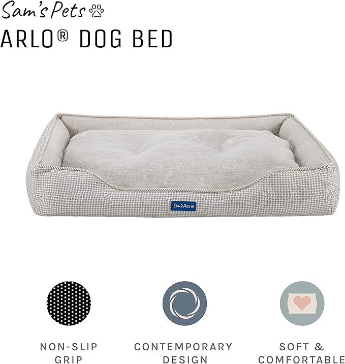 Sam's Pets Arlo Orthopedic Brown Plaid Dog Bed with Soft Fabric, Easy Cleaning, Non-Slip Grip, Modern Design, Large