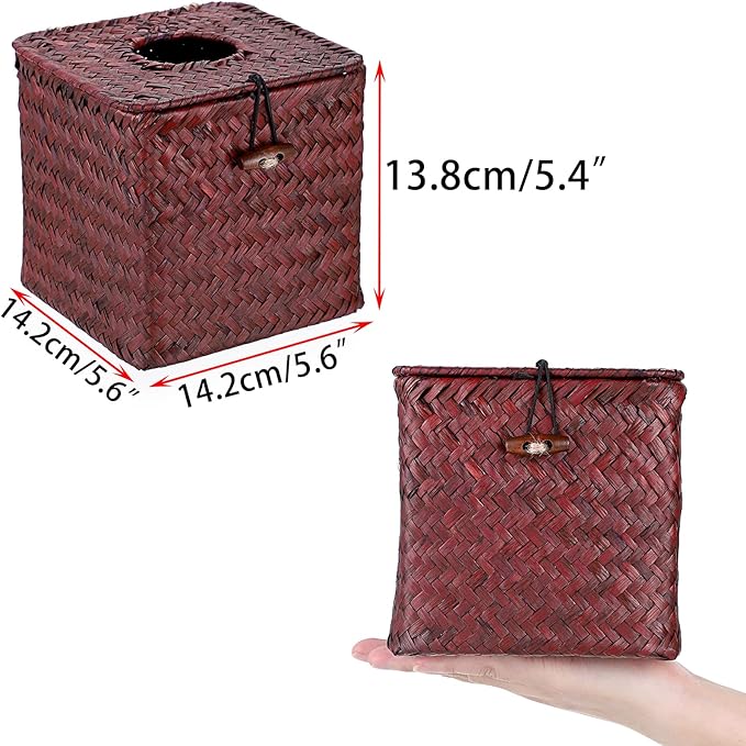 Sumnacon Tissue Box Cover Square Seagrass Tissue Box with Lid, Woven Tissue Box Holder Rustic Cube Tissue Cover for Bathroom Toilet Bedroom Living Room Kitchen Table Desk Office Car, Red Brown