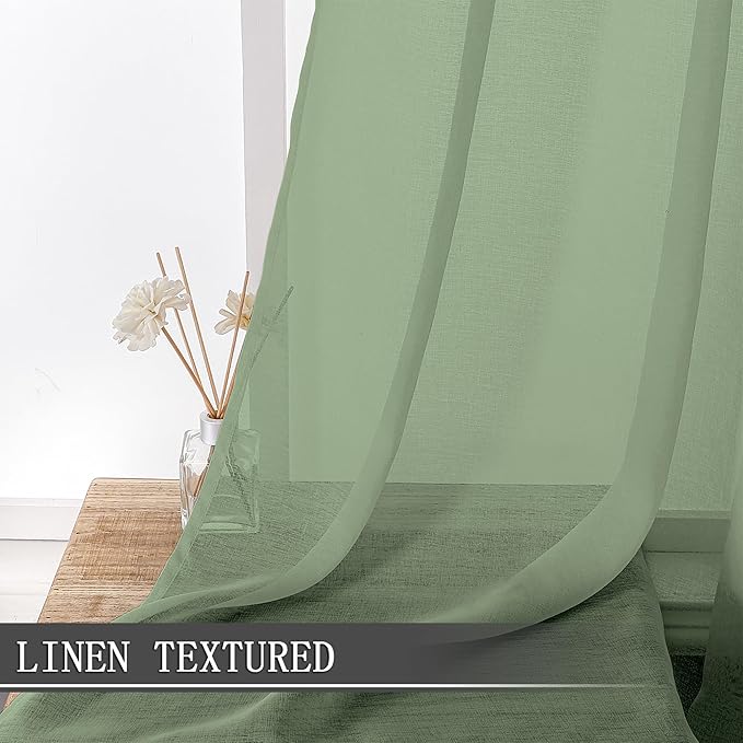 Tollpiz Sheer Curtains Linen Textured Living Room Curtain Sheers Light Filtering Rod Pocket Voile Curtains for Bedroom, 42 x 63 inches Long, Sage Green, Set of 2 Panels