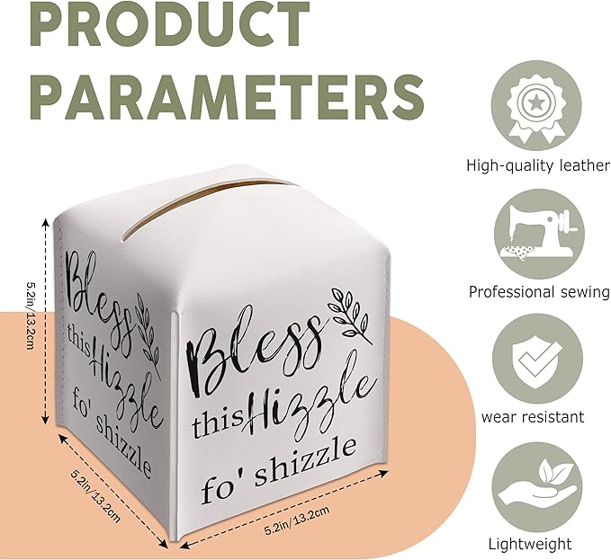 Leather Decorative Tissue Box Cover Square, Tissue Box Cover Holder with Belt Bottom, Positive Quote Gift Ideas for Friends, Bless This Hizzle Decor for Bathroom Office-(5.2 Inches)