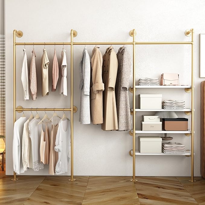 KAILNKISS Industrial Pipe Clothes Rack, Gold Clothing Rack with Shelves, Wall Mounted Clothes Rack Heavy Duty Closet Organizers Wardrobe Multi-Purpose Storage Clothes Hanging Shelf - 94.5''L Gold
