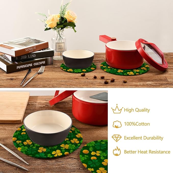 Boccsty Saint Patricks Day Trivet Mat 2PCS Clover Leaves Coin Round Woven Potholders Kitchen Table Countertop Protector Hot Pads Farmhouse Coasters Counter Mats for Cooking Baking