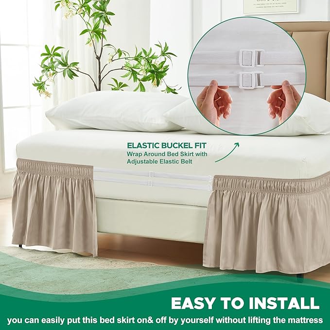 Biscaynebay Wrap Around Bed Skirts for Full & Full XL Beds 17" Drop, Light Camel Adjustable Elastic Dust Ruffles Easy Fit Wrinkle & Fade Resistant Silky Luxurious Fabric Solid Machine Washable