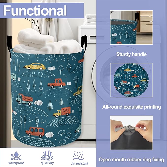 Laundry Basket-Blue Cartoon Car Foldable Waterproof Oxford Cloth Funny Tote Bag Laundry Hamper Clothes Storage Bucket Organizer For Bathroom/Laundry Storage/Bedroom Storage Basket