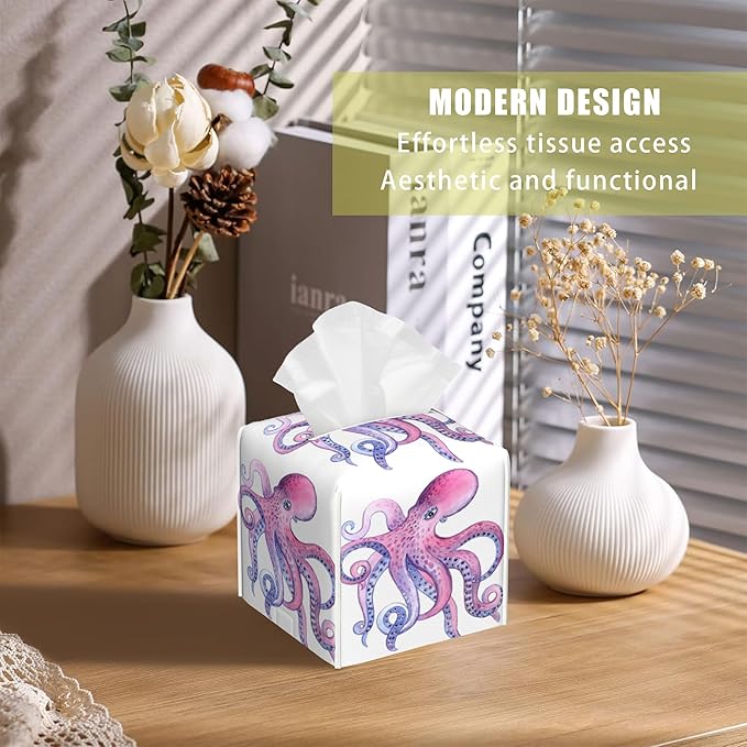 Sea Creature Leather Tissue Box Holder Pink and Purple Octopus Tissue Box Cover Facial Paper Case Organizer Cube Napkin Dispenser for Bathroom Vanity Countertop Night Stand Office Car