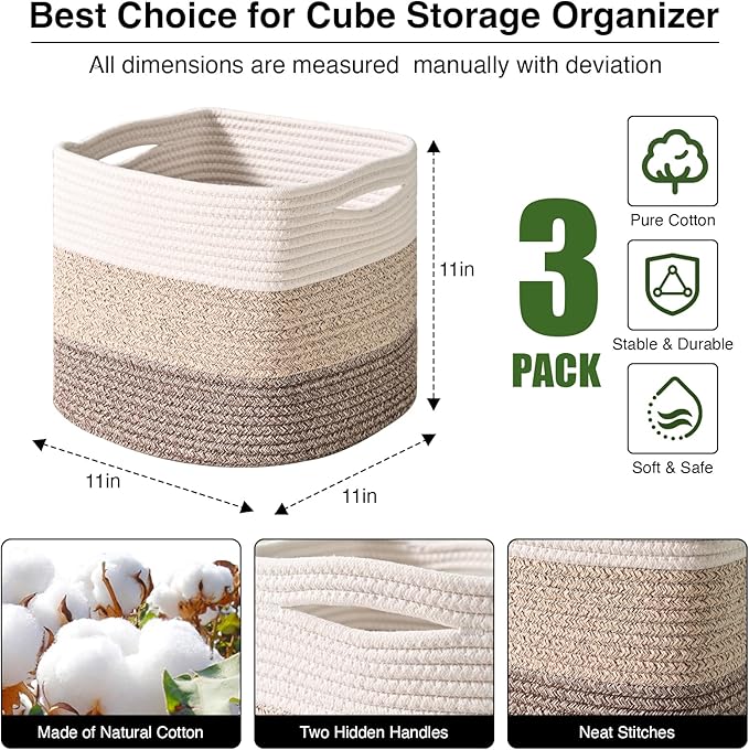 ICERZCZ 11 Inch Cube Storage Bins, Storage Cube Organizer Bins, Woven Cotton Rope Baskets for Storage, Storage Basket for Organizing Shelves, Square Baskets for Toys, Gradient Brown (Pack of 3)