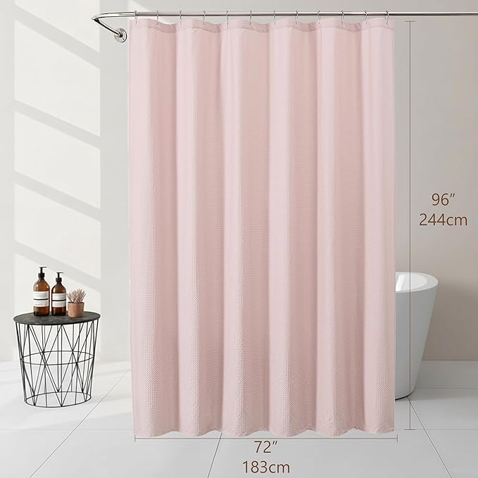 Ebesto Extra Long Pink Shower Curtain 96 Inch Long 1 Piece, Waffle Embossed Textured Fabric Shower Curtain for Bathroom Large Hotel, Water Resistant, Machine Washable, 72Wx96L Inches