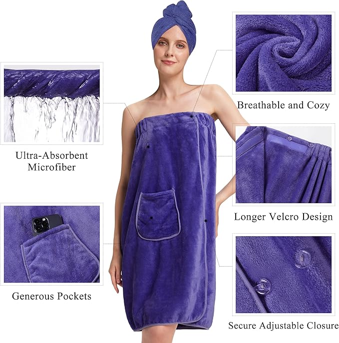 PJGGZ Towel Wrap for Women, Three Adjust Clasps Closure Bath Wraps After Shower Spa Sauna Bathrobe(Available in Plus Size)