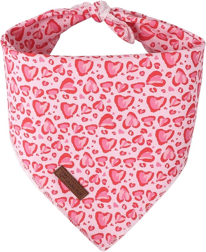 UP URARA PUP Valentine Triangle Pink Heart Bandana, Cotton Kerchief for Small to Medium Dogs or Cats, Adorable Puppy or Boy Dog Scarf
