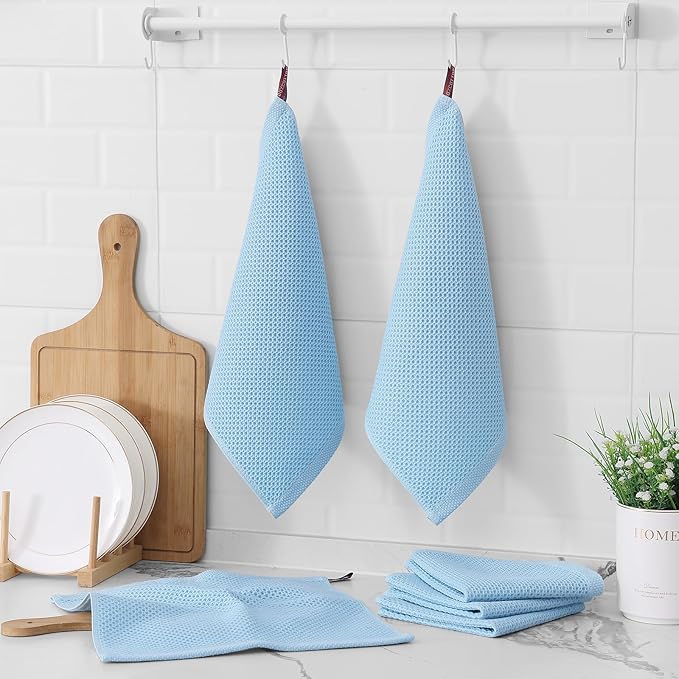 Kitinjoy 100% Cotton Kitchen Dish Cloths (12 X 12 Inches, Sky Blue),6 Pack Waffle Weave Ultra Soft Absorbent Dish Towels for Drying Dishes Quick Drying Kitchen Towels Dish Rags