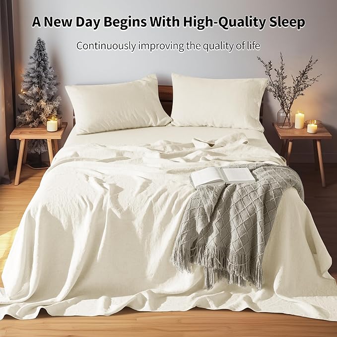 LBRO2M 100% Linen Sheet Set Twin Size,Bed Sheets 3 Piece Sets,Solid Color Natural Flax Bed Sheets Soft Breathable Bedding,16" Deep Pocket,All Season (Twin, Beige)