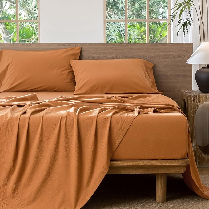 MooMee Bedding Sheet Set 100% Washed Cotton Linen Like Textured Breathable Durable Soft Comfy (Solid Burnt Orange, Full)