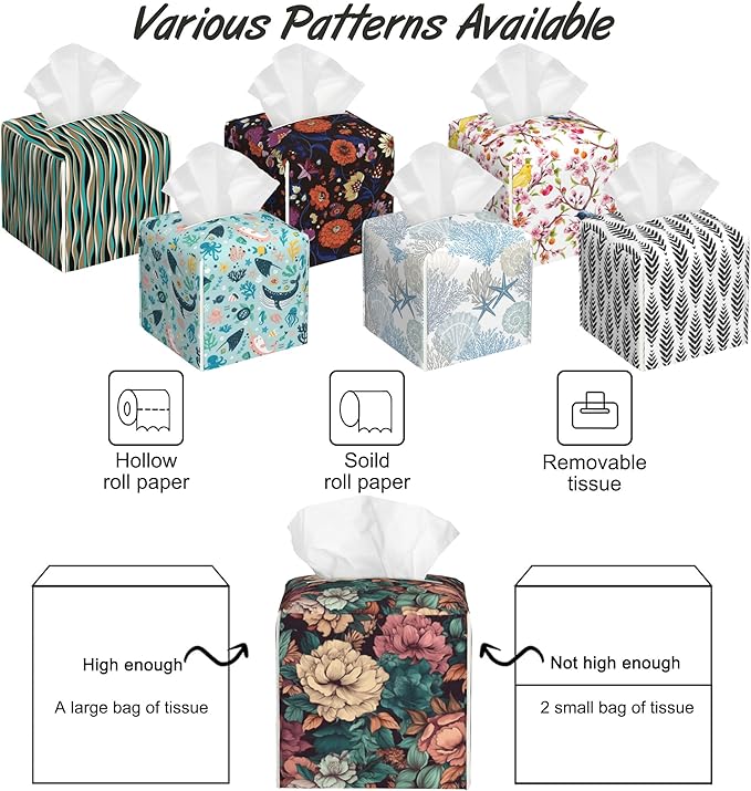 Romantic Big Flower Tissue Box Cover Square,Tissue Box Holder with Belt Bottom,Stylish Leather Napkin Holder for Vanity Countertop,Nightstands,Office Desk,5.2"×5.2"×5.2"