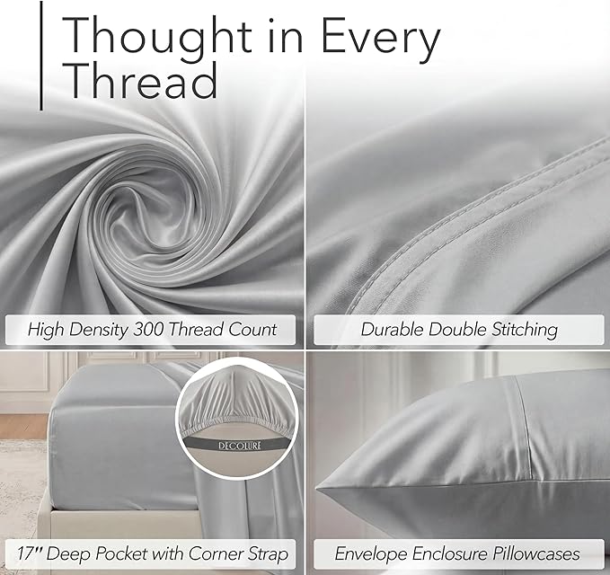 DECOLURE 100% Viscose Derived from Bamboo Sheets Queen Size - Luxury 6 Pc Naturally Cooling Sheets, Ultra Soft Bed Set - Deep 17" Pockets, Durable Double Stitching, Oeko Tex Standard (Light Grey)