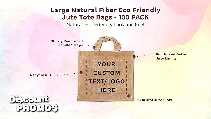 DISCOUNT PROMOS 100 Large Jute Tote Bags Set - Customizable Text, Logo - Sturdy, Recyclable, Reusable, Simple - Natural