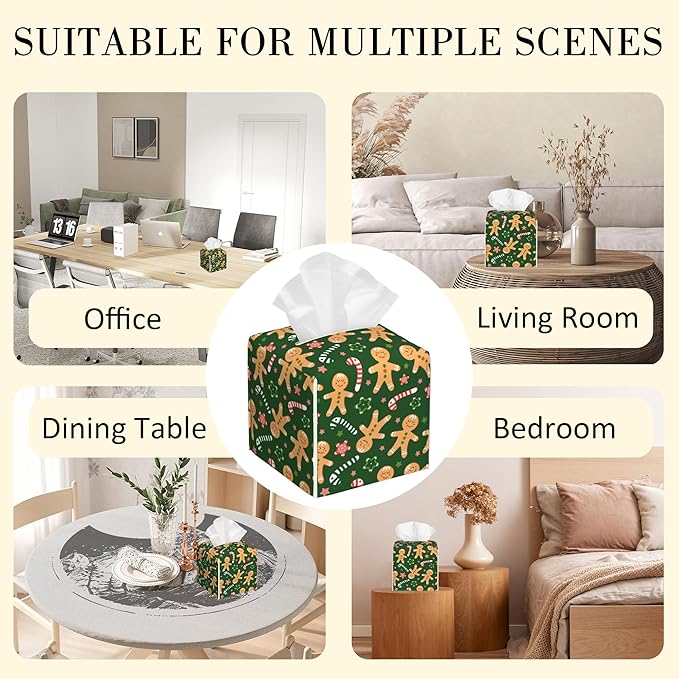 Candy Canes and Stars Leather Tissue Box Holder Christmas Green Gingerbread Tissue Box Cover Square Waterproof Tissue Holder Organizer Modern Napkin Holder for Bedroom Dresser Night Stand Office Desk