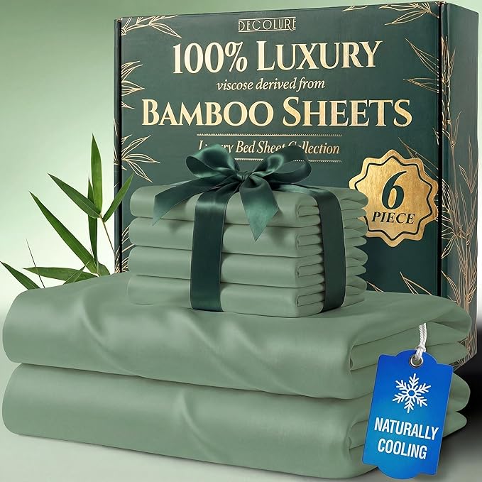 DECOLURE 100% Viscose Derived from Bamboo Sheets California King Size - Luxury 6 Pc Naturally Cooling Sheets, Ultra Soft Bed Set - Deep 17" Pockets, Double Stitching, Oeko Tex Standard (Sage Green)