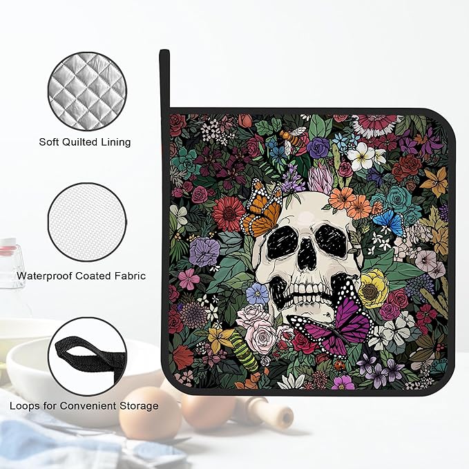 Pot Holder Set of 2,Gothic Skull Flowers Kitchen Heat Resistant Potholder for BBQ Cooking Baking,Food Hot Pat for Women Men Kitchen Wear