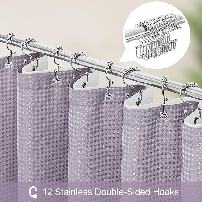 Craidlela 3 in 1 Extra Long Purple Shower Curtain Set-72 W x 84 H, Lavender Waffle and PEVA Liner Set with 12 Stainless Steel Hooks, Waterproof Fabric for Bathroom